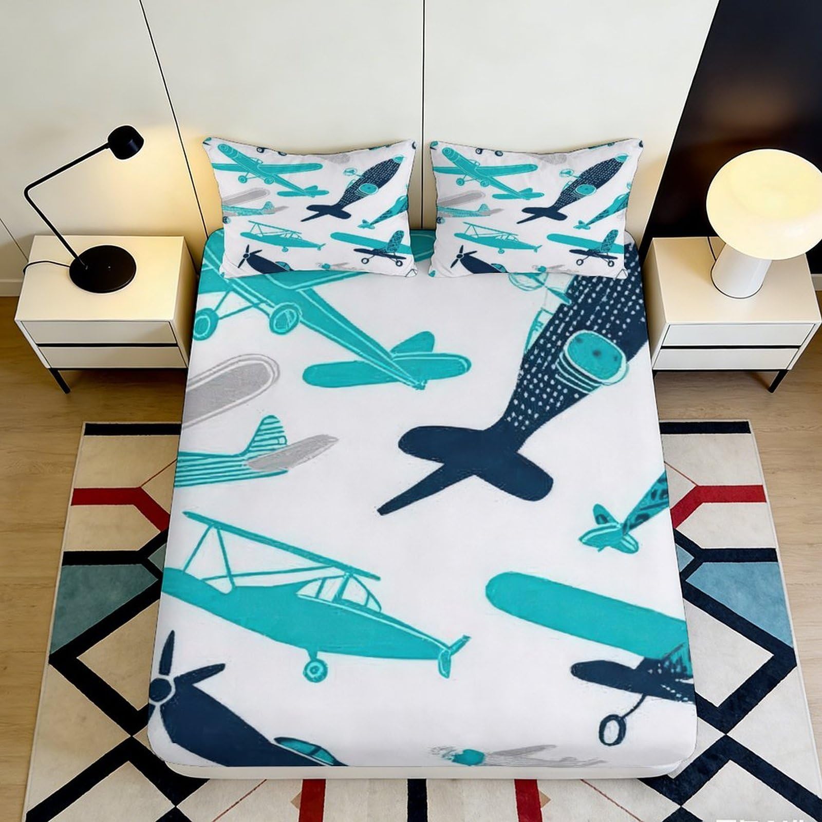 Uynsixtme Style-5 3D Printed Airplane Pattern Fitted Sheet Microfiber Deep Pocket Bedroom Bedding Airplane Mattress Fitted Cover Non-Slip Washable For Home 90X200x25cm