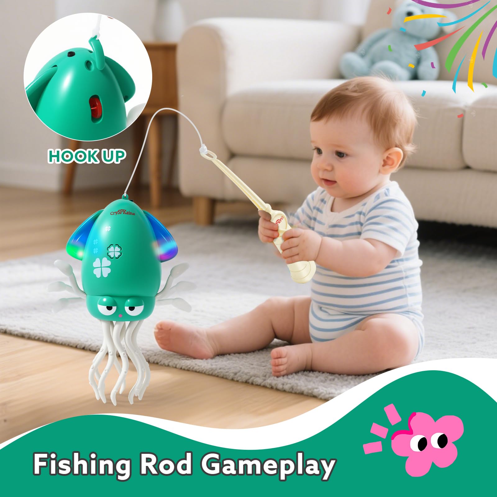 2026 New Electric Dancing Squid Toy with LED Lights & Music, Crawling Dancing Octopus Toys Tummy Time Toys, Magic Dancing Squid Baby Toys Obstacle Avoidance & Fishing Game (Green, S)