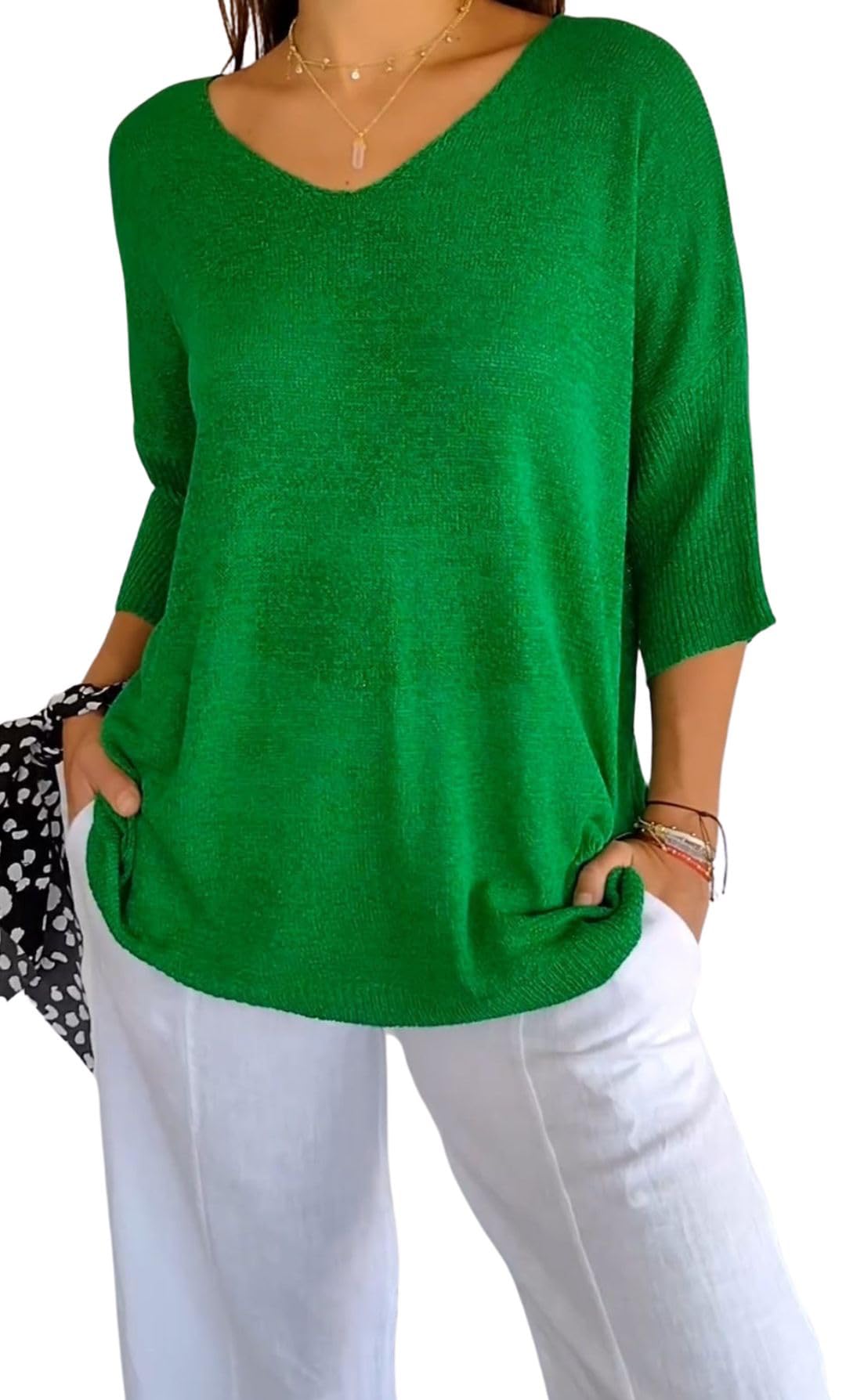 Womens Fall V Neck Sweaters Casual Loose 3 4 Sleeve Lightweight Knit Pullover Jumper Ladies Thinly Tops