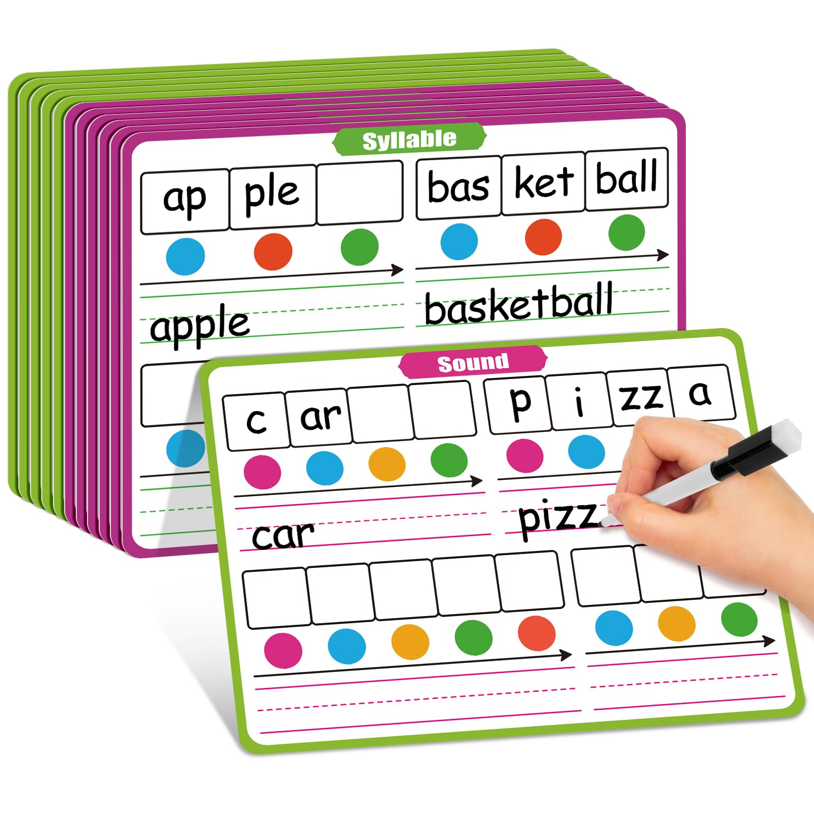 PraxiKidy 12 Pack Phonemic Awareness Dry Erase Card,9" x 12" Sound Syllable Speech Therapy Phonics Flashcard,Preschool Kindergarten Classroom Teacher Homeschool Supplies Science Reading Manipulative