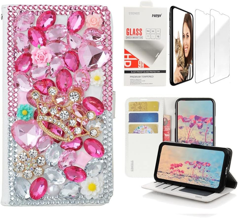 STENES Bling Wallet Phone Case Compatible with T-Mobile REVVL 7 Pro - Stylish - 3D Handmade Crown Flowers Design Leather Girls Women Cover with Screen Protector [2 Pack] - Pink