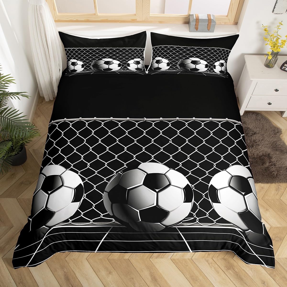 Homewish Poszewka na kołdrę do piłki nożnej podwójny zestaw pościeli na boisko do piłki nożnej dla dzieci chłopców nastolatków bramka sportowa geometria sześciokąt drużyna czarno-biała poszewka na