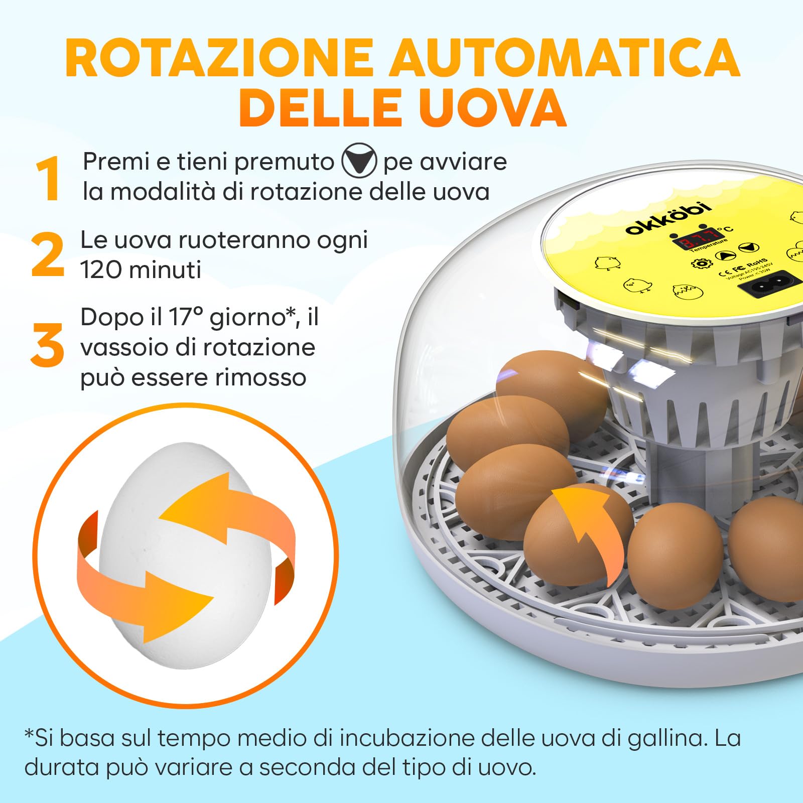 Okkobi M12 - Incubatrice per uova automatica con Girauova Automatico e Controllo Umidità - 12/24 uova, vista a 360°, facile da usare e pulire - Incubatrice uova gallina - Bianco e giallo