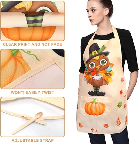 Miniatura 4 de ceiba tree Delantal de pavo de otoño de Acción de Gracias de poliéster, bolsillo para delantal de cocina, 1 unidad, talla única, para la mayoría de