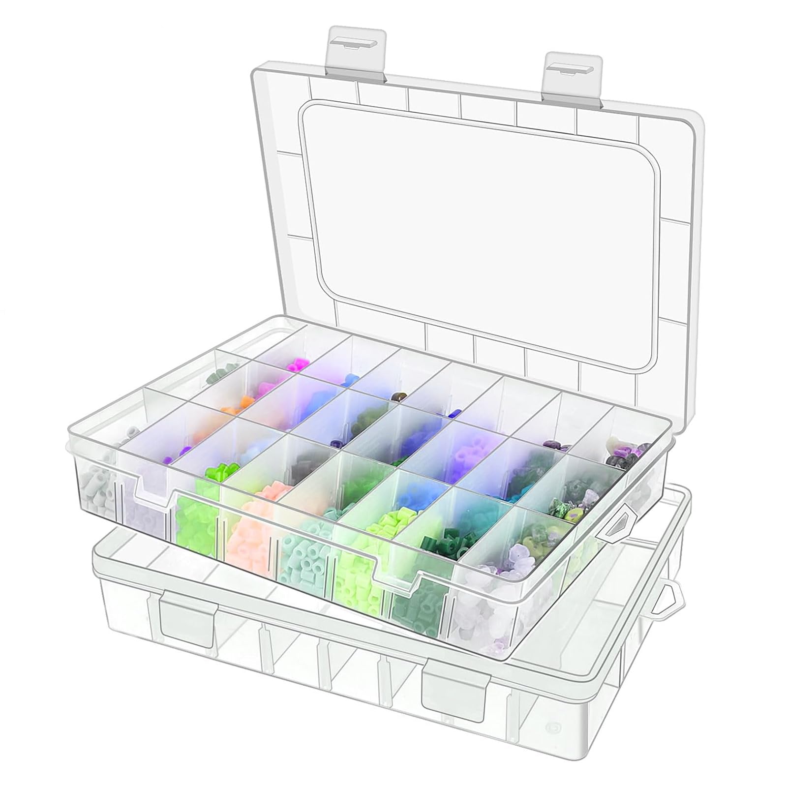 2PCS Extra Large Plastic Storage Box with 24 Grids, Plastic Storage Box Adjustable Compartment Organiser Container for Beads, Jewellery & Art Crafts Heavy Duty Tool Box for Small Parts-33.6x22.4x5.7cm