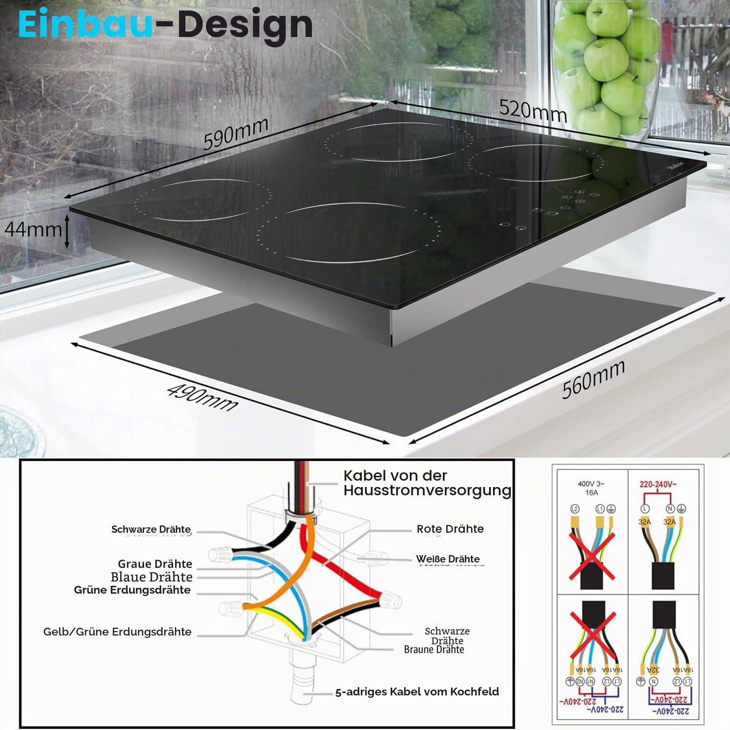Glaskeramikkochfeld 4 Zonen 60cm 6000W 9 Leistungsstufe Sensor-touch Control Autark verkabelt