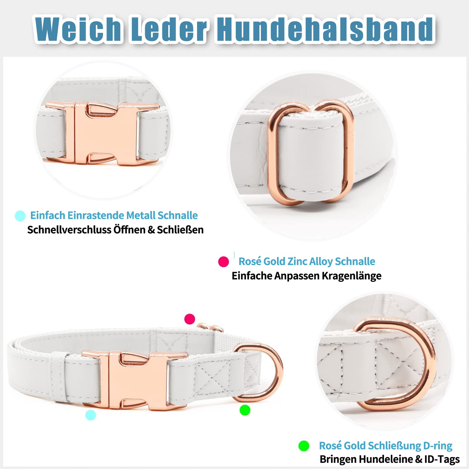 Soft Leather Dog Collar and Lead Set, Stylish Rose Gold Dog Lead and Collar Set including Heavy Duty Metal Buckle - Image 2