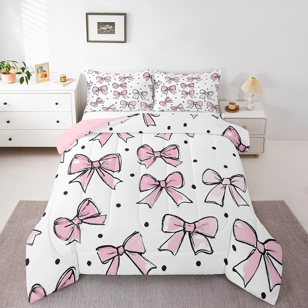 Juego de edredón con lazo rosa kawaii y ropa de cama con ondas negras