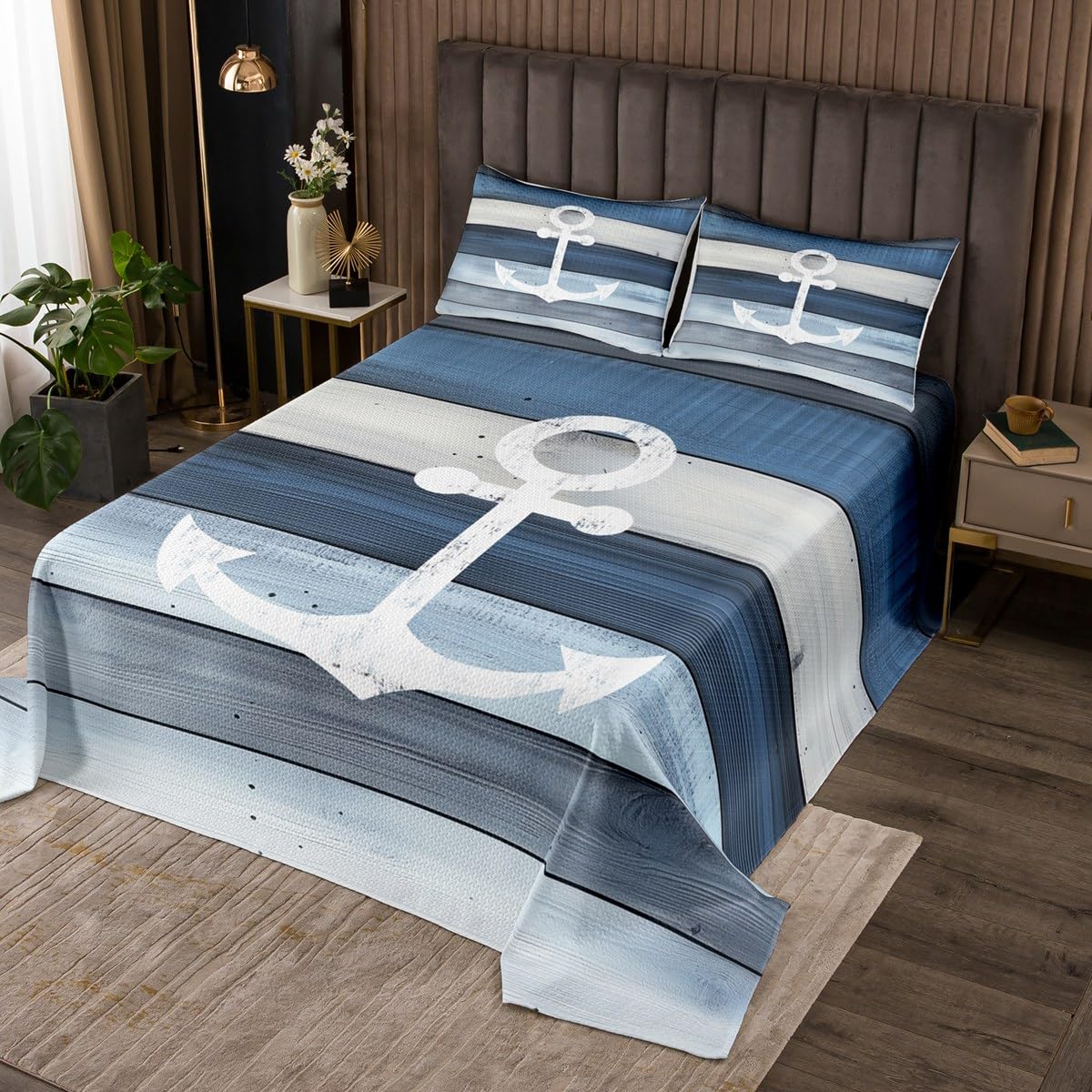 Homemissing Blauer Anker Dekor Bettüberwurf Nautische Steppdecke für Kinder Ozean Meer Abenteuer Küste Marine Holz Tagesdecke 220x240cm Zimmer Dekor Wohndecke Weich