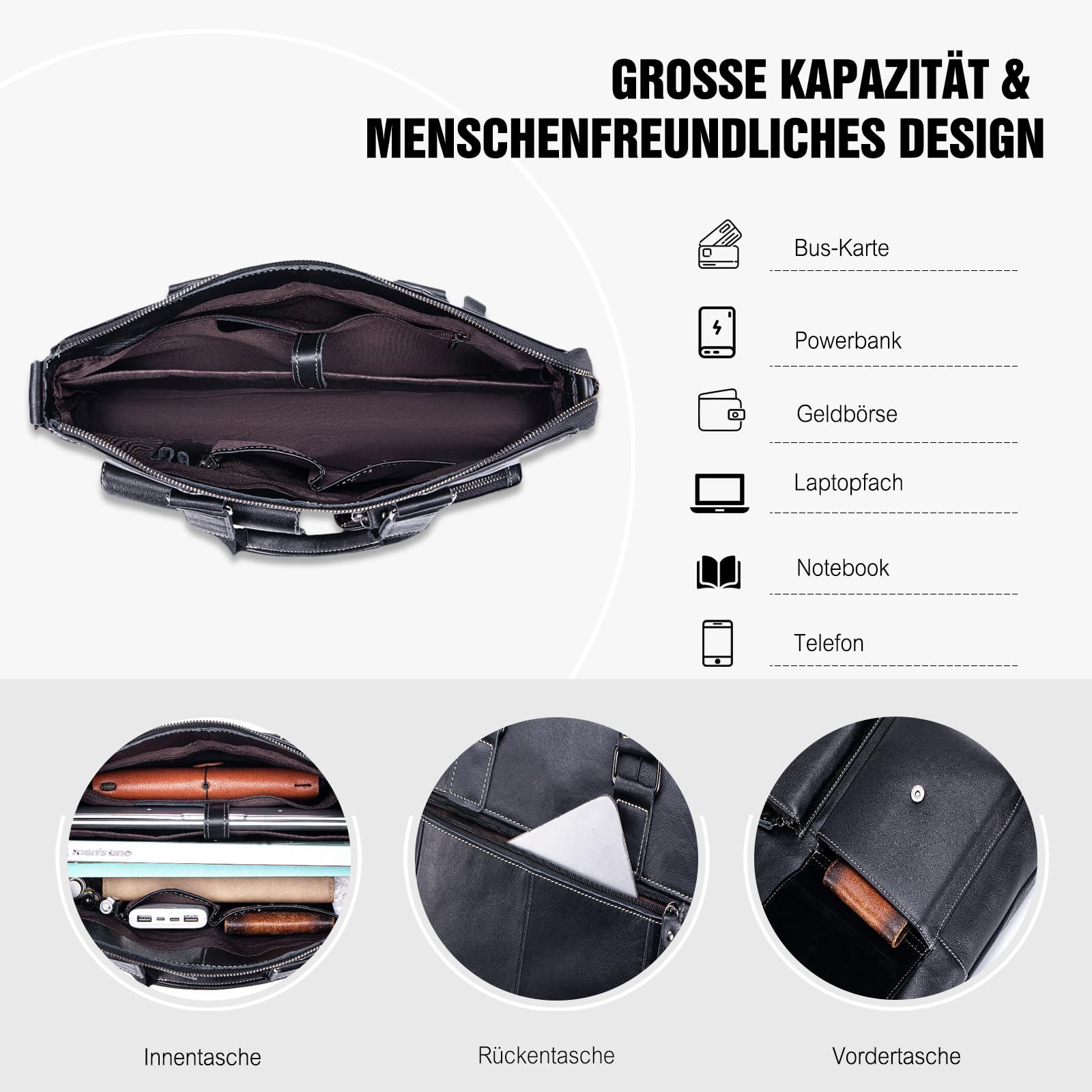 FANDARE Leder Aktentasche Herren Gelegenheitsgeschäft Dokumententasche Geschäftstasche Messenger Handtasche Mappe Aktenkoffer Umhängetasche für 14 Zoll Laptoptasche Henkeltasche für Arbeit Reisen