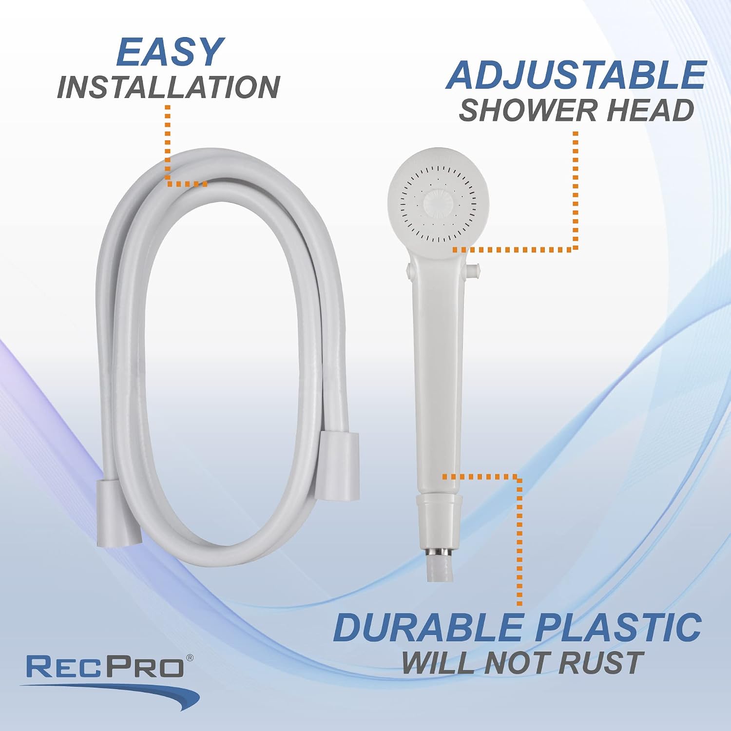 RecPro RV 60" White Vinyl Handheld Shower Head & Hose with Shut-Off Valve | Durable, Adjustable, and Easy to Install
