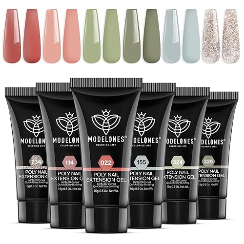 Modelones Juego de 6 colores de gel de uñas de polietileno, 2023 Spring Sunny - Kit de tubos de colores de gel de extensión de uñas con purpurina Modelones Juego de 6 colores de gel de uñas de polietileno, 2023 Spring Sunny - Kit de tubos de colores de gel de extensión de uñas con purpurina