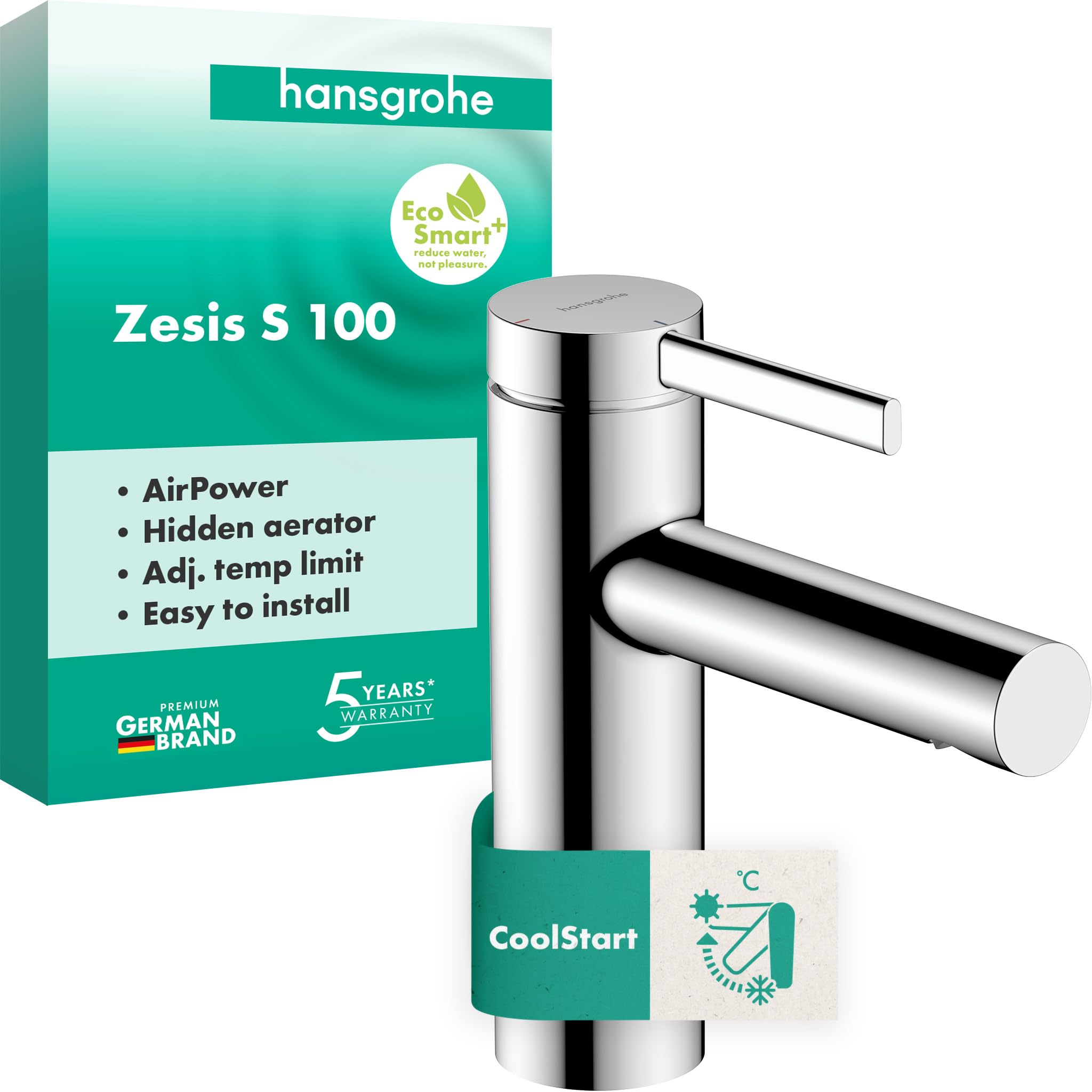 hansgrohe Zesis S, Bathroom tap Without Waste, Energy-Saving (CoolStart), Bathroom Sink tap with spout Height 104 mm