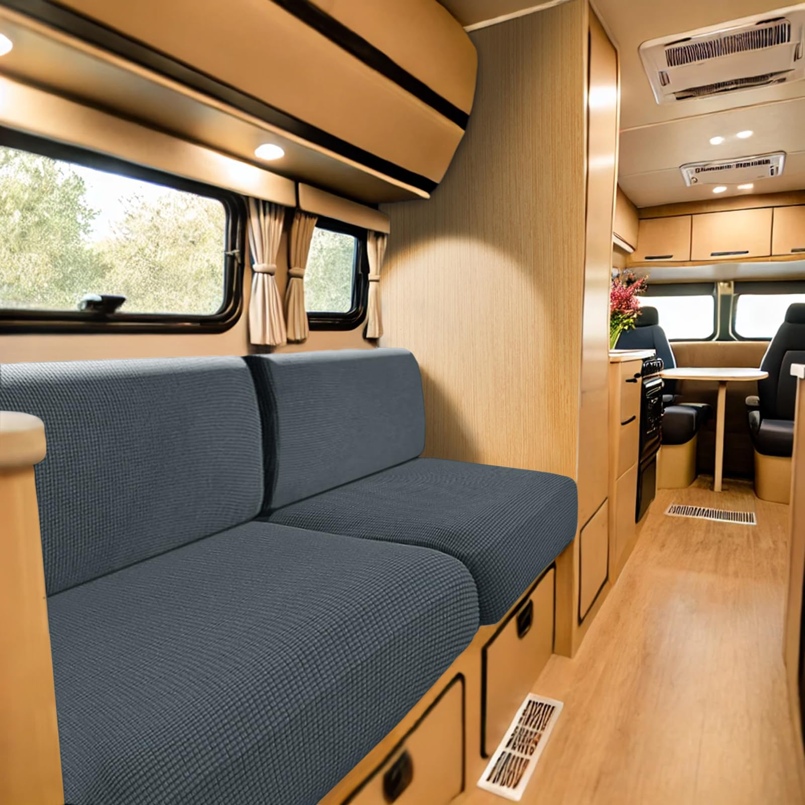 SYLC Caravan Seat Cover Stretch Jacquard, Non-slip RV Dinette Cushion Covers with 2 Straps, Couch Cushion Covers for Camper Sofa Bench (Dusty Blue,W 95-115 cm, D 45-65 cm)