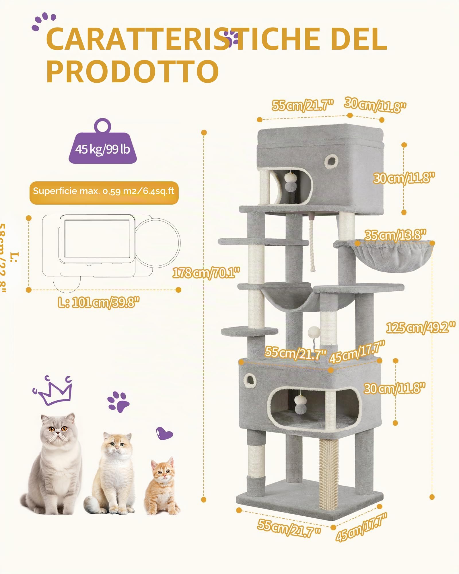 Hzuaneri Tiragraffi per Gatti, Albero per Gatti Multistrato da 178 cm con Grande Piattaforma, 2 Grotte, 7 Pali in Sisal, Pompon, Cesta, Amaca, Grigio Chiaro MS17818LG