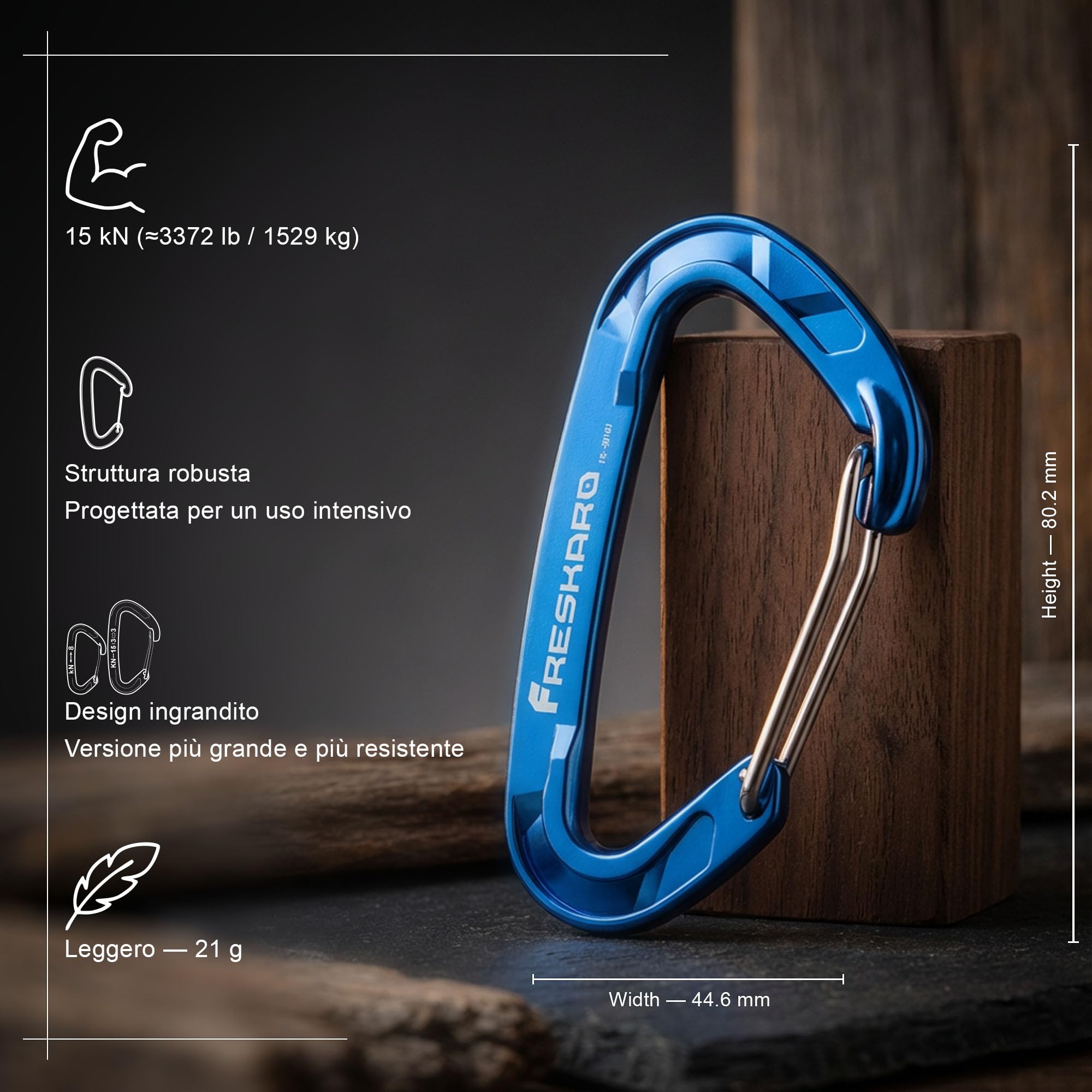 FresKaro Moschettone Wiregate, Resistenza alla Trazione 15kN-1529kg, 7075 Alluminio Aeronautico, Ultralight e Senza Ruggine, Robusta Clip per Portachiavi, Accessori edc, Camp, Pesca, All'aperto, Zaino ecc., Grandi (5 Colori a Scelta)