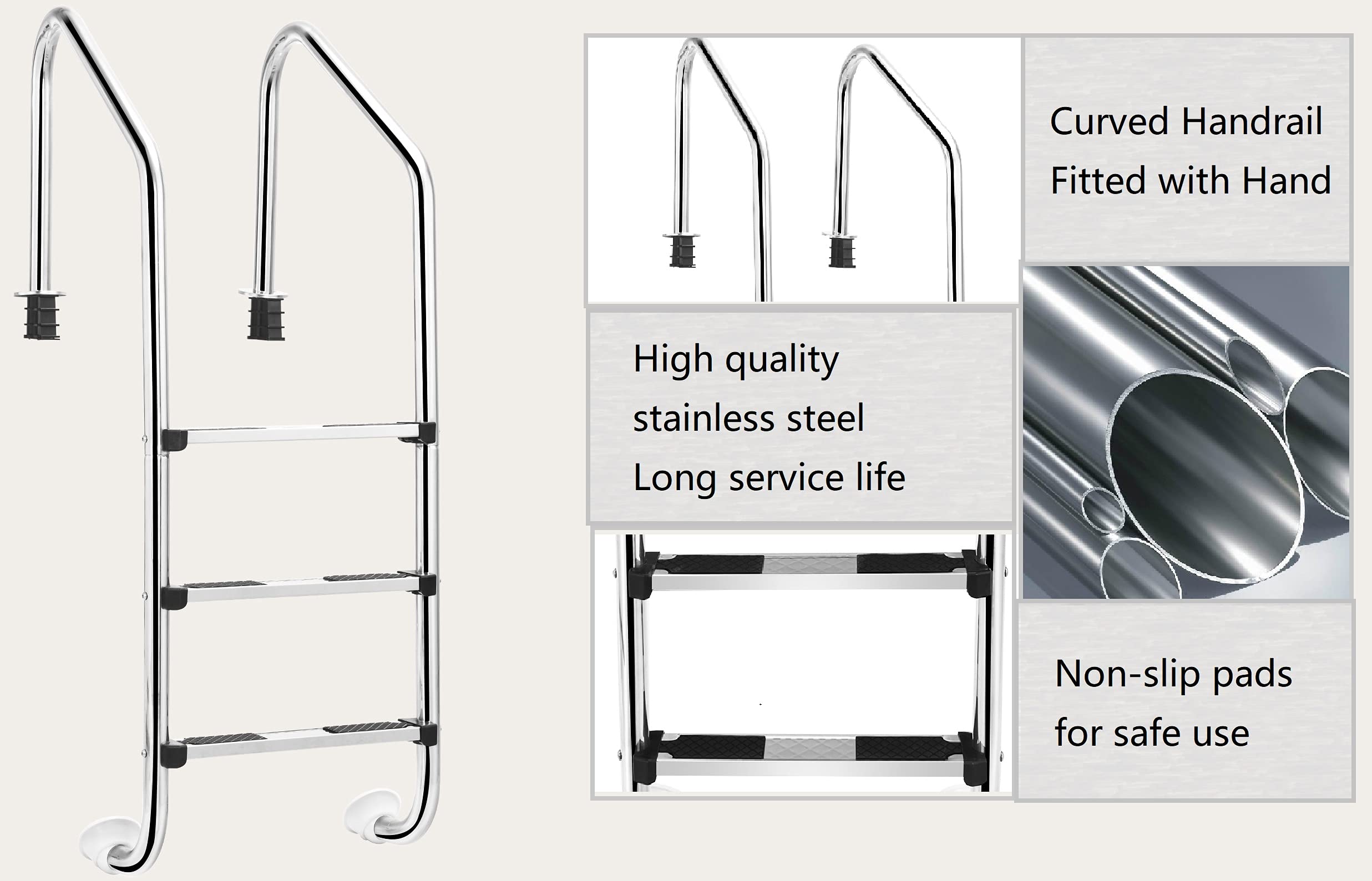 GIANTEX Poolleiter Edelstahl 3 Stufen, Schwimmbadleiter rutschfest, Tiefbeckenleiter 150 kg belastbar, Einbauleiter 53 x 63,5 x 147 cm Silber, Pool Einstiegsleiter