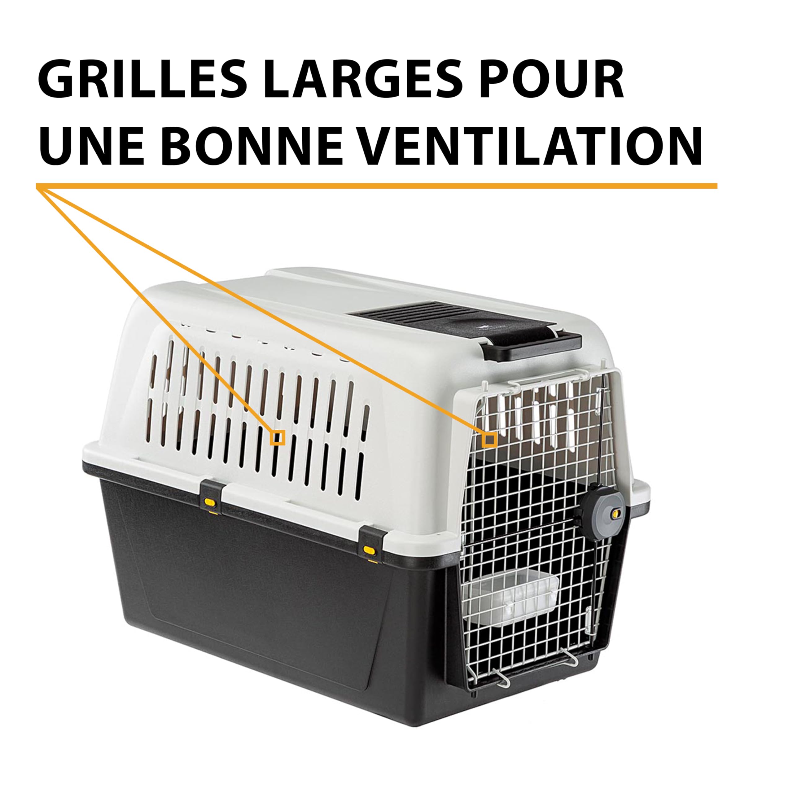 Panier de transport pour chiens de taille moyenne à grande ATLAS 50, avec écuelle et accessoires inclus, verrouillage de sécurité, grilles de ventilation