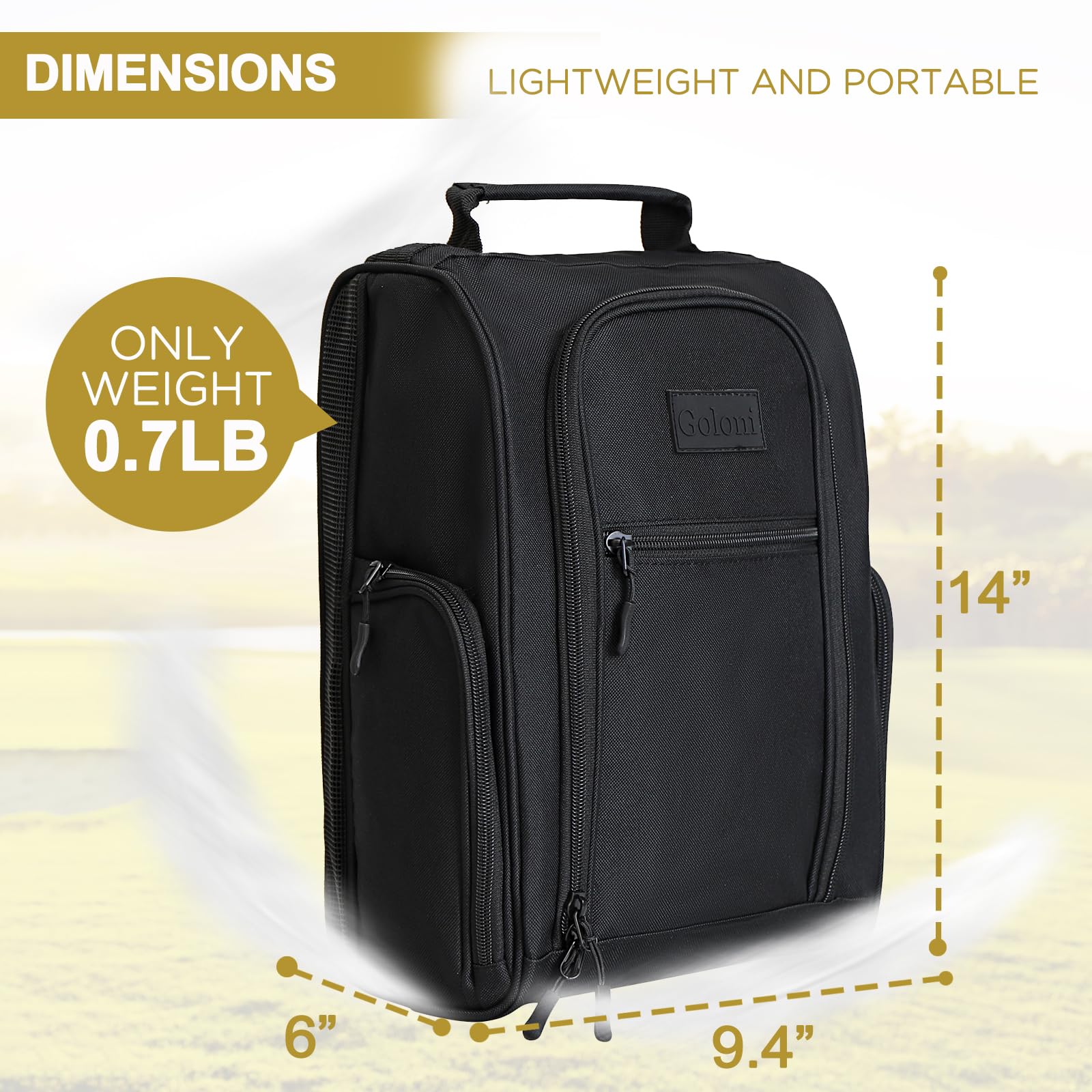 Goloni Golf-Schuhtasche für Damen und Herren, gepolsterte Reise-Schuhtasche mit seitlichen Zubehörtaschen, Sportschuhträger für Golfschuhe, Socken, Tees und Bälle, langlebiges und leichtes Design