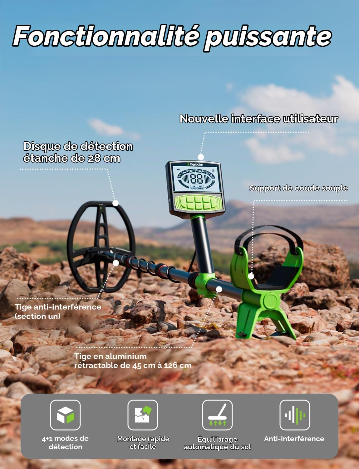 Flysocks Kit de Détecteur de Métaux Professionnel, Détecteur de Métaux Étanche IP68 avec Pinpointer Précis, Détecteur d'or avec 25,4 cm de Profondeur de Détection et 5 Modes (45-126cm)