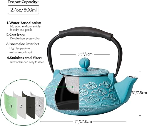 Miniatura 10 de MILVBUSISS Tetera de hierro fundido, tetera japonesa con infusor para hojas sueltas, hervidor de té, cubierta segura con interior esmaltado, patrón