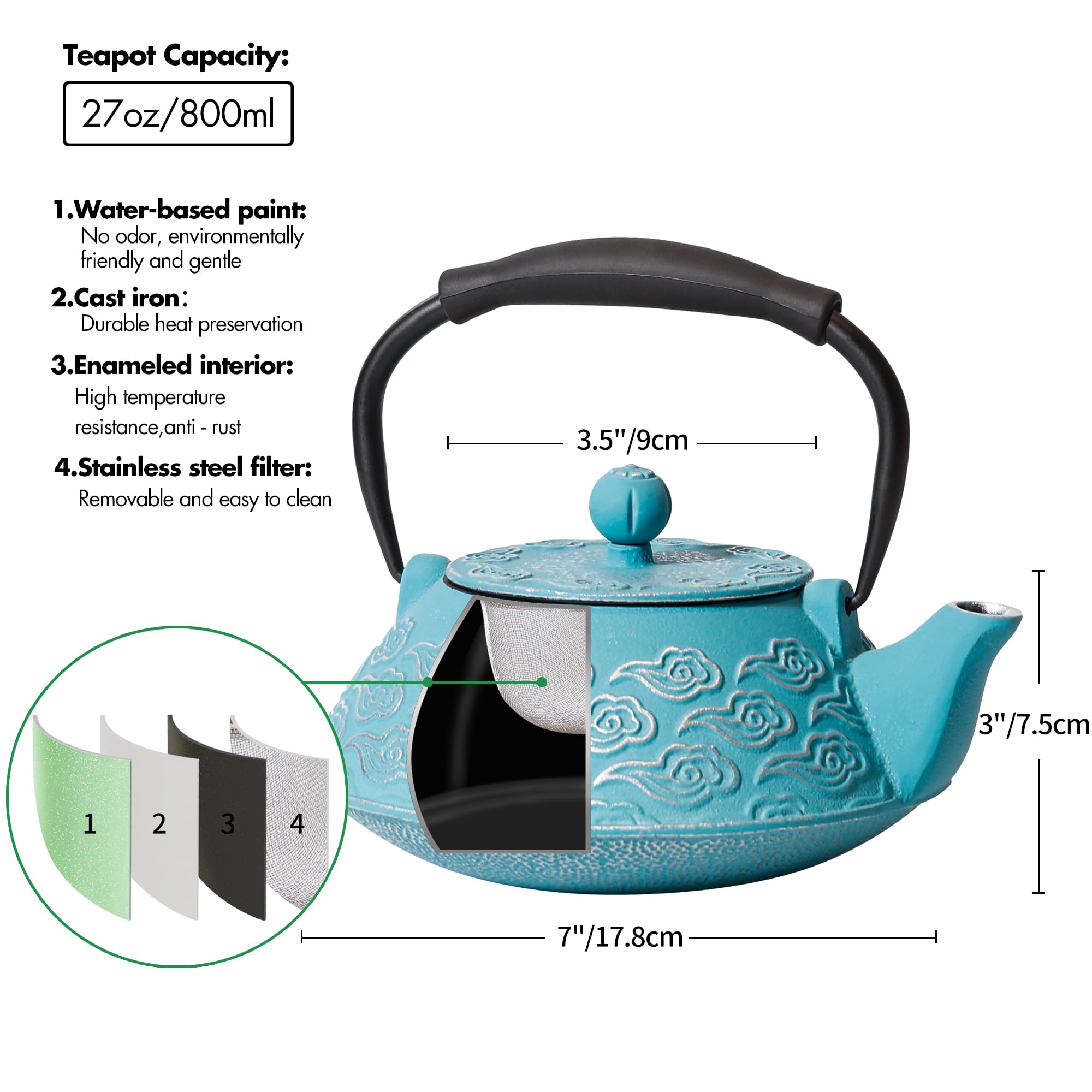 Théière japonaise en fonte avec infuseur pour feuilles mobiles, lavable sur la cuisinière, avec intérieur émaillé, motif nuages, 800 ml, bleu ciel