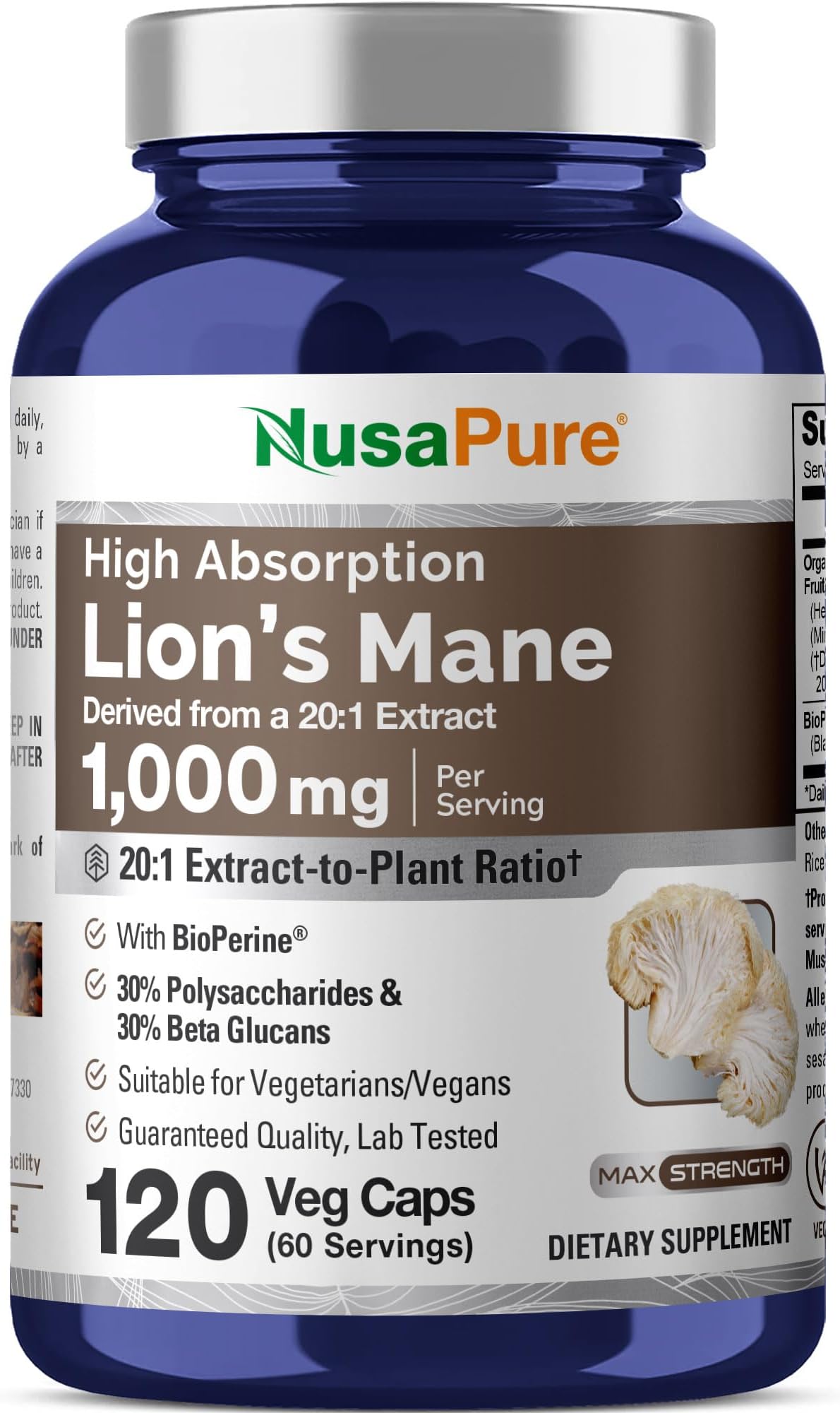 NusaPure Lions Mane 20:1 Extract (20,000 mg Equivalent) - Made with Organic Lion`s Mane, Bioperine - 30% Polysaccharides - 120 Veggie Caps. Non-GMO, Gluten Free