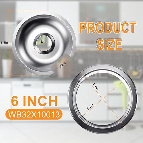 Miniatura 4 de 1 quemador de estufa eléctrica WB32X10013 (8 pulgadas), 3 bandejas de goteo cromadas para estufa eléctrica con 4 anillos de ajuste para quemador de