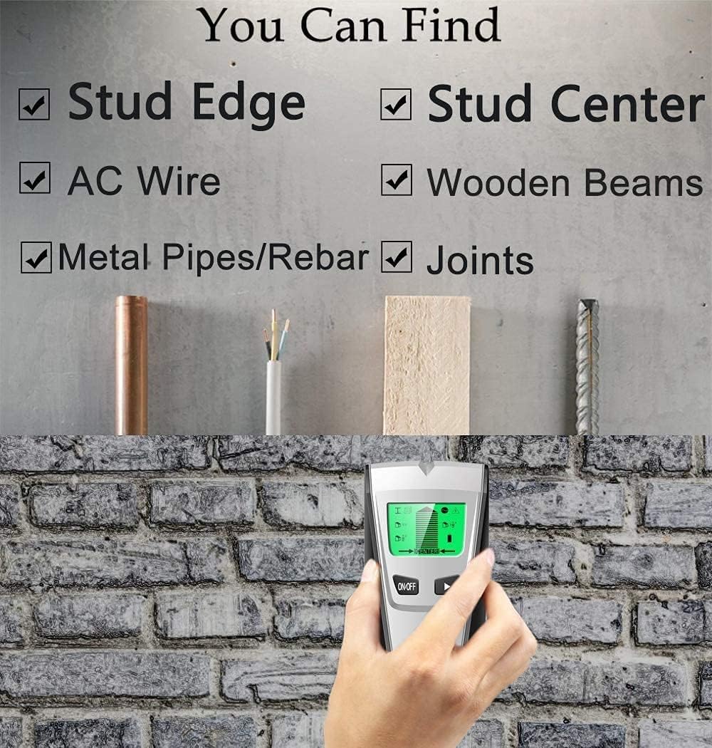 Stud Finder detecting various elements like stud edges, centers, AC wires, wooden beams, metal pipes/rebar, and joints.