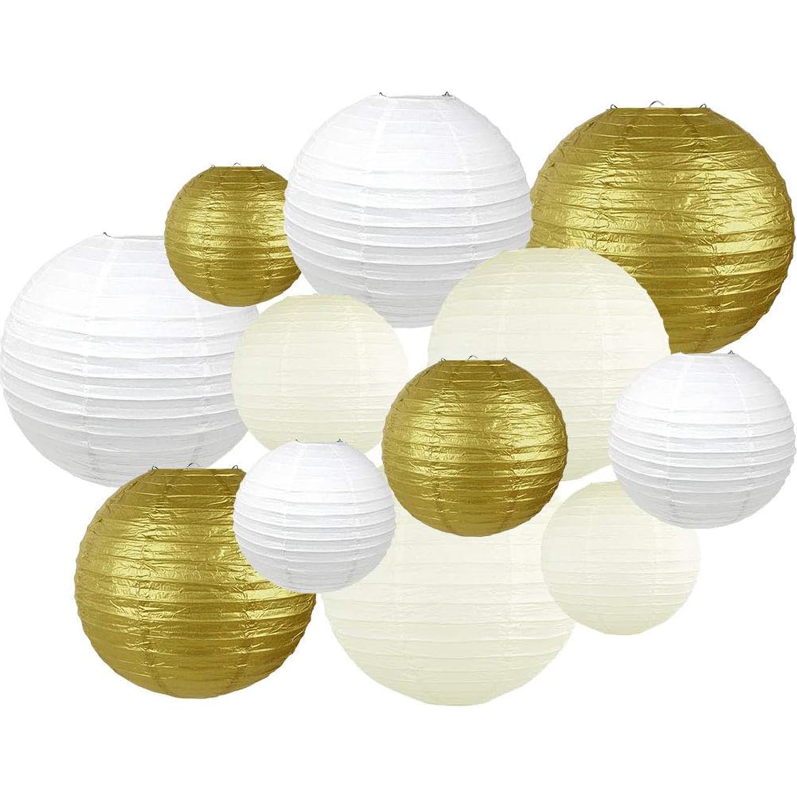 Surwin 12PCS Paper Lanterns, Chinese Lanterns Biodegradable Paper Lampshades Colourful Paper Lanterns for Weddings, Baby Shower, Celebrations, Garden, Party Decor (Eggshell/White/Gold)