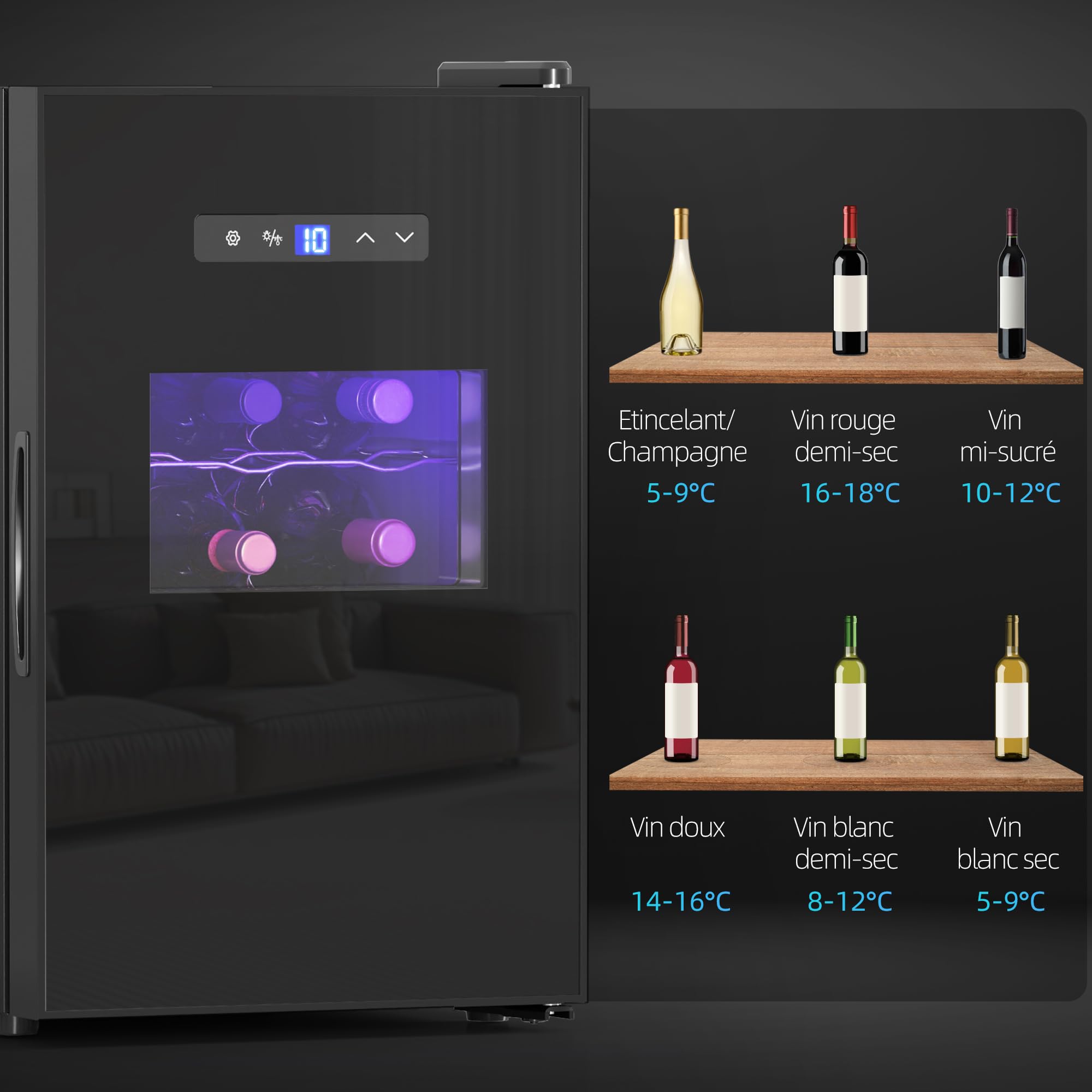 HOMCOM Cave à vin 15 bouteilles 39L réfrigérateur thermoélectrique silencieux porte verre LED écran tactile numérique contrôle température 8-18°C noir