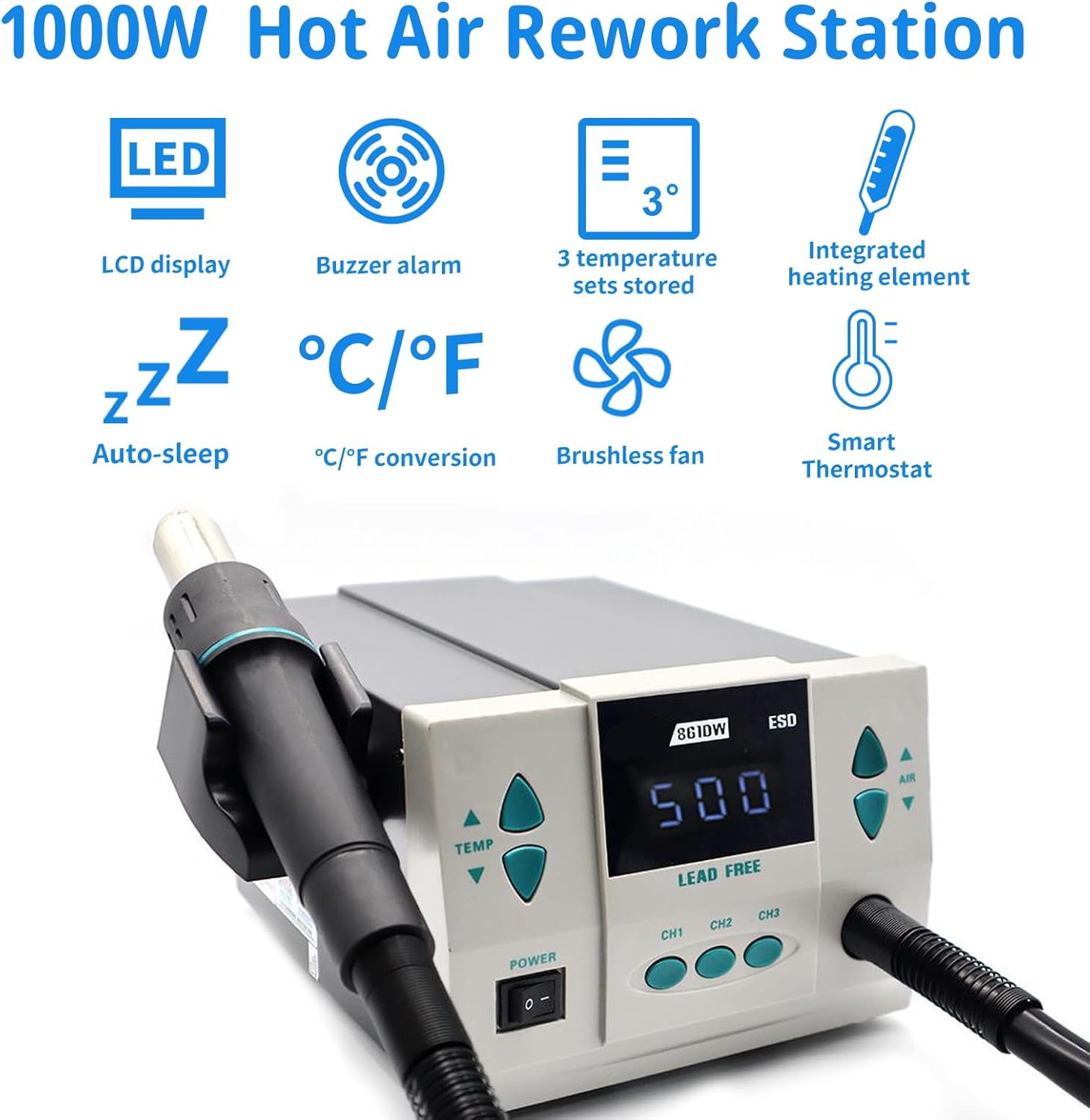 861DW Hot Air Rework Station,1000W Hot Air Station, 110V Desoldering Gun Hot Air Soldering Station Can Be Used for BGA Chip Soldering, Digital Maintenance (With 7 Nozzles)