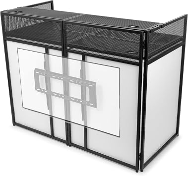 VONYX Foldable DJ Booth with TV Mount and Overhead Lighting T-Bar, Complete DJ Booth with TV Screen, DJ Facade with TV, Mobile DJ Setup for Weddings Parties Events