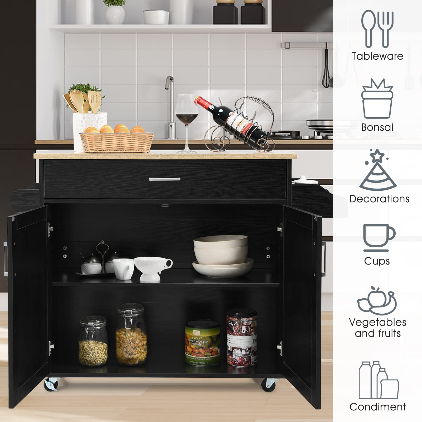 GIANTEX Küchenwagen mit Arbeitsplatte, Küchenschrank mit Rollen, bewegliche Kücheninsel Holz, Servierwagen Küchenrollwagen Rollwagen mit Schublade, Küchentrolley 116 x 40 x 85 cm, Schwarz