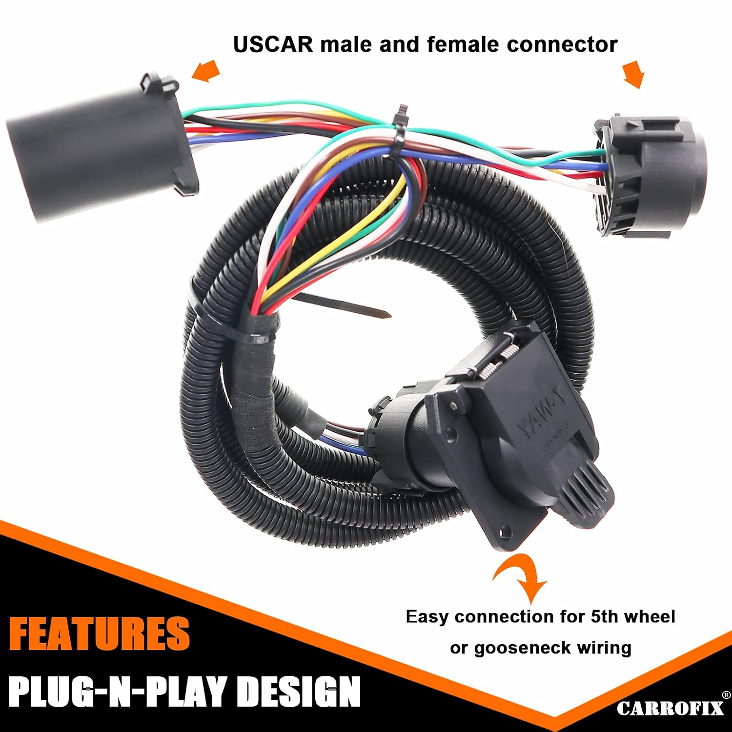 Vehicle-Side Truck Bed 7-Pin Trailer Wiring Harness Extension - 5th Wheel and Goose-Neck Custom Wiring Harness w/ 7-Pole Connector - 7 FT