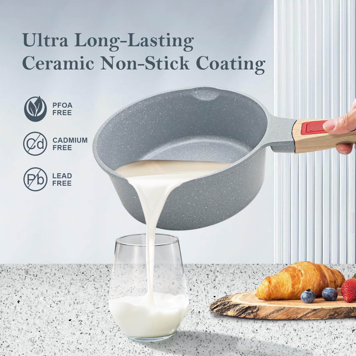 AIKENBBKK 1.5 Quart Ceramic Nonstick Saucepan with Lid, Small Sauce Pot with Pour Spouts for Multipurpose Use, milk Pan with Detachable Handle, Oven Safe, Blue
