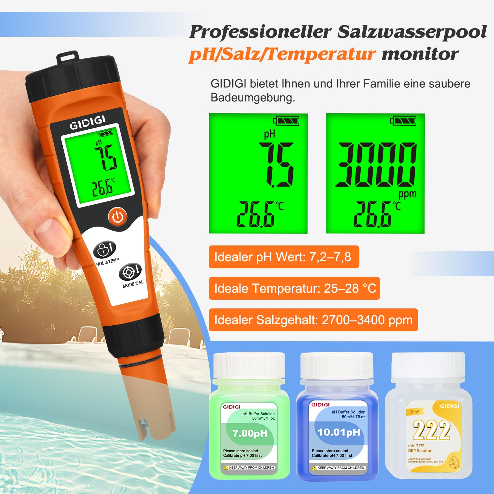 pH und Chlormessgerät für Pools Salzmessgerät für Schwimmbäder | 7-in-1 Messgerät ORP, EC, TDS und Temperatur Für Aquarien mit Kalibrierlösung, Hydrokultur, Whirlpools, Wassertest-Set