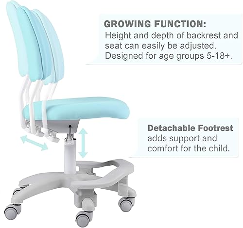Miniatura 5 de Silla ergonómica de escritorio para niños, silla de oficina de estudio, altura ajustable y profundidad del asiento, reposapiés desmontable y soporte