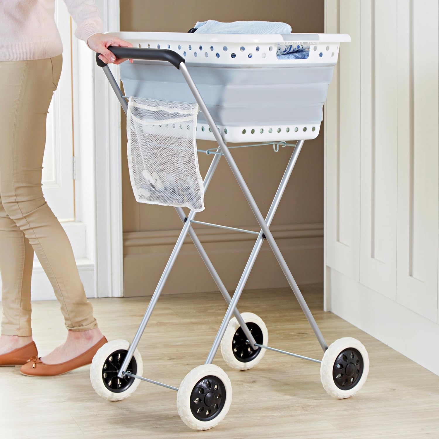 Cesta para la colada con ruedas – Fácil de transportar y colgar la ropa – Ahorra espacio y protege la espalda – Cesta para la colada con dimensiones de 66 x 44 cm aprox