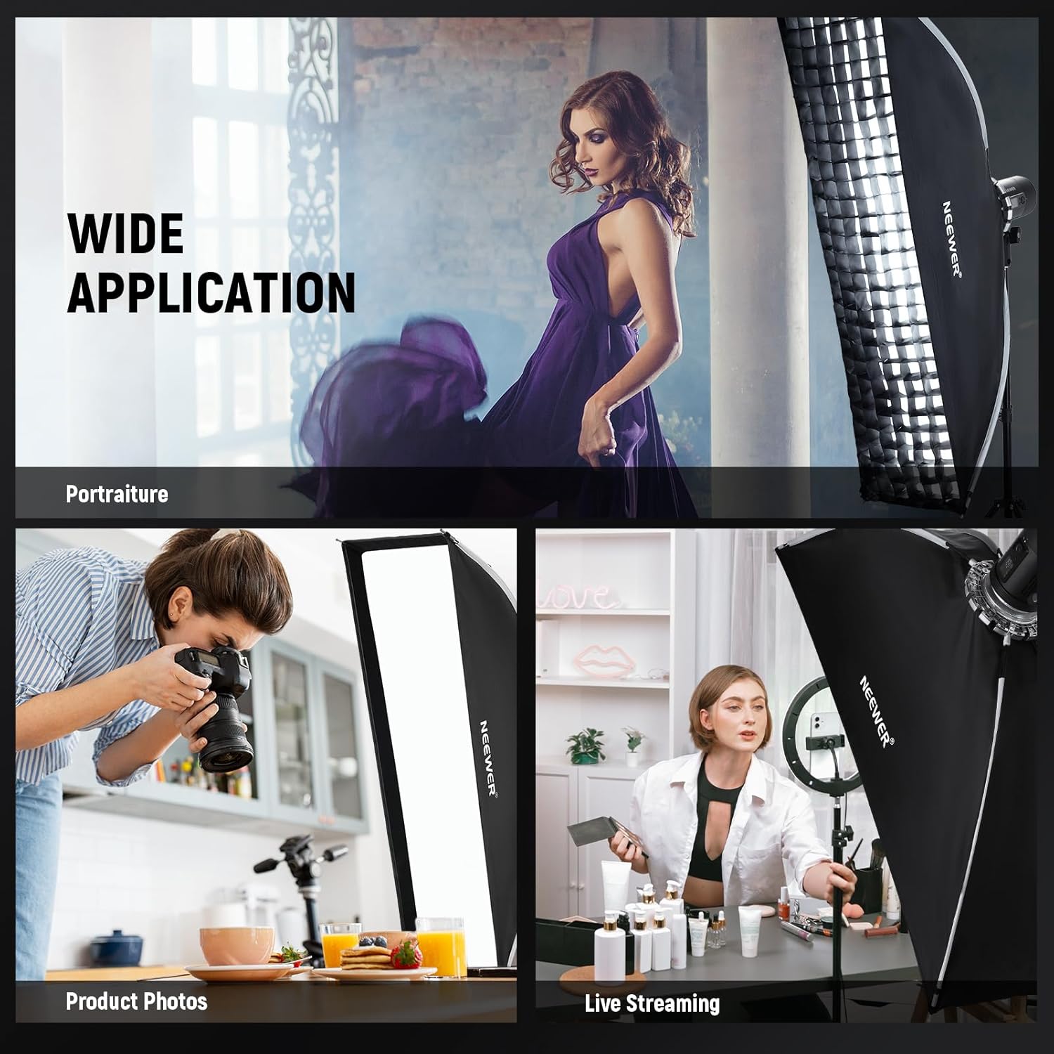 NEEWER 12"x47" Quick Setup Foldable Rectangular Strip Softbox Bowens Mount with Diffusers/Honeycomb Grid/Bag, Compatible with Godox Aputure 120d Video Lights Q4 Studio Flash Strobes, NS17S