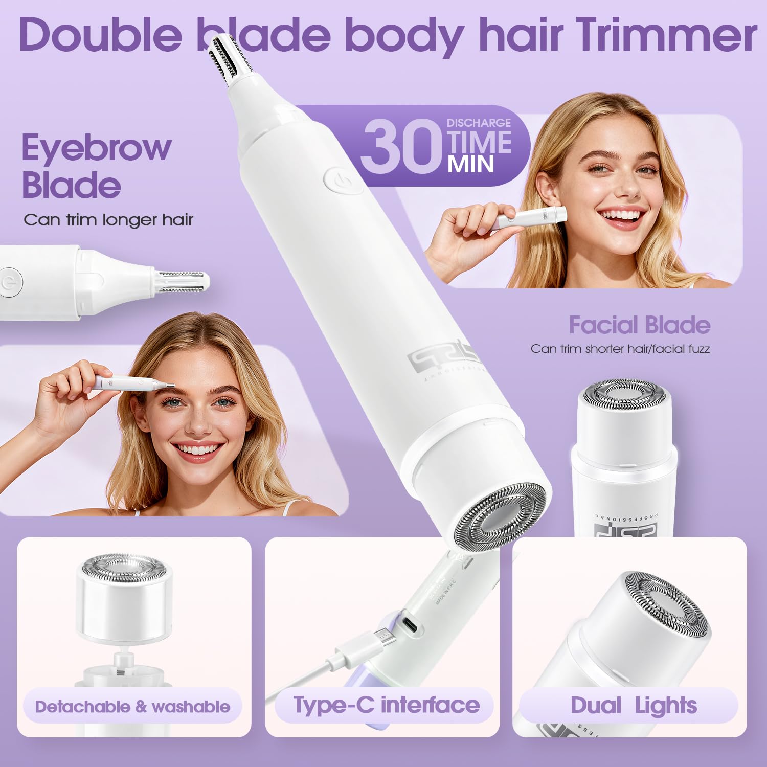DSP dispositivo de depilación para mujeres, recortador de cejas para mujeres, 2 niveles de velocidad para depilación, recortador de vello para piernas, rostro, zona del bikini y brazos, afeitadora fac