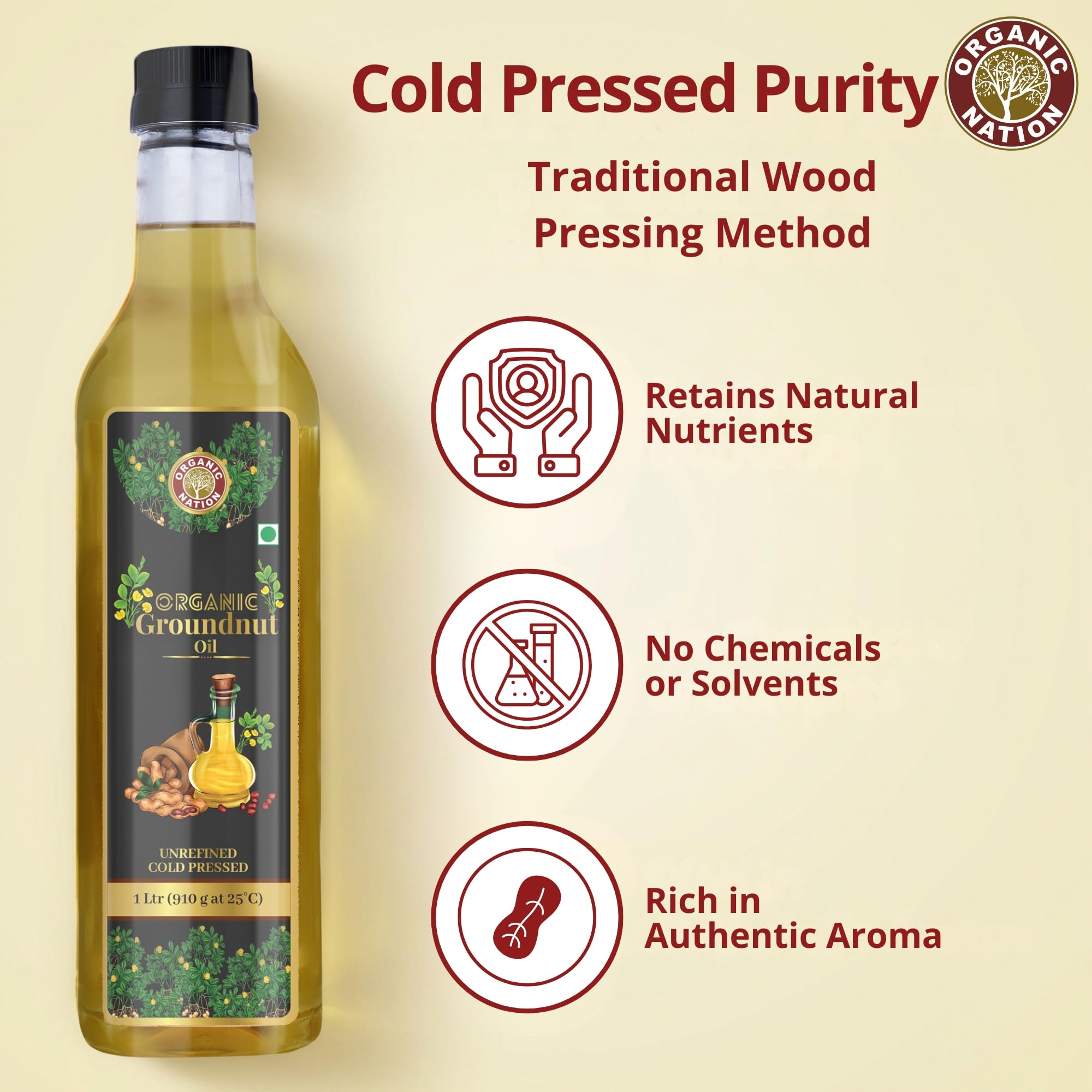 ORGANIC NATION Cold Pressed Groundnut Oil - Groundnut Oil for Healthy Cooking, Pure & Natural, No Chemicals, Natural Flavor, Cold Pressed, Ideal for Cooking, Frying & Baking, 1 Ltr 1
