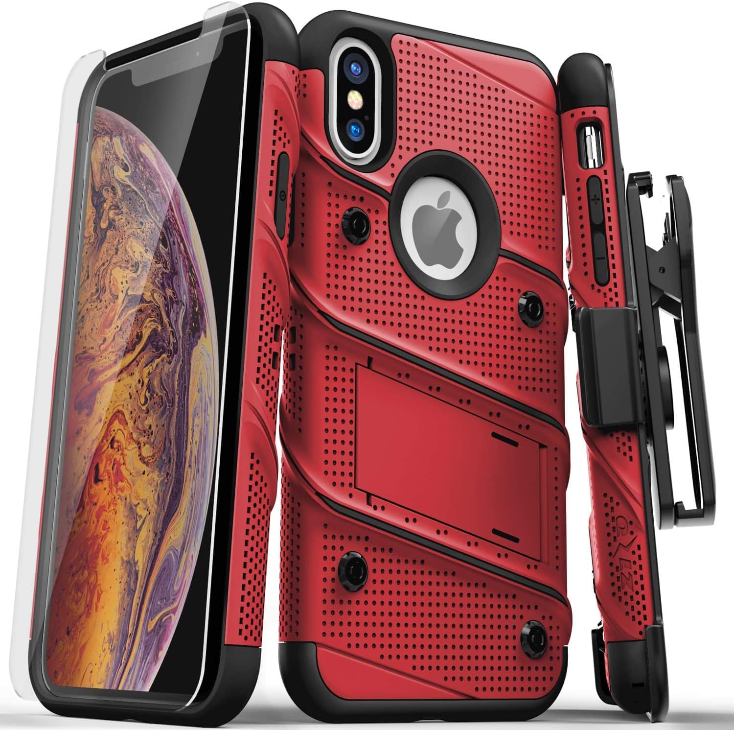 ZIZO Bolt Series for iPhone Xs Max case Military Grade Drop Tested with Tempered Glass Screen Protector, Holster, Kickstand RED Black
