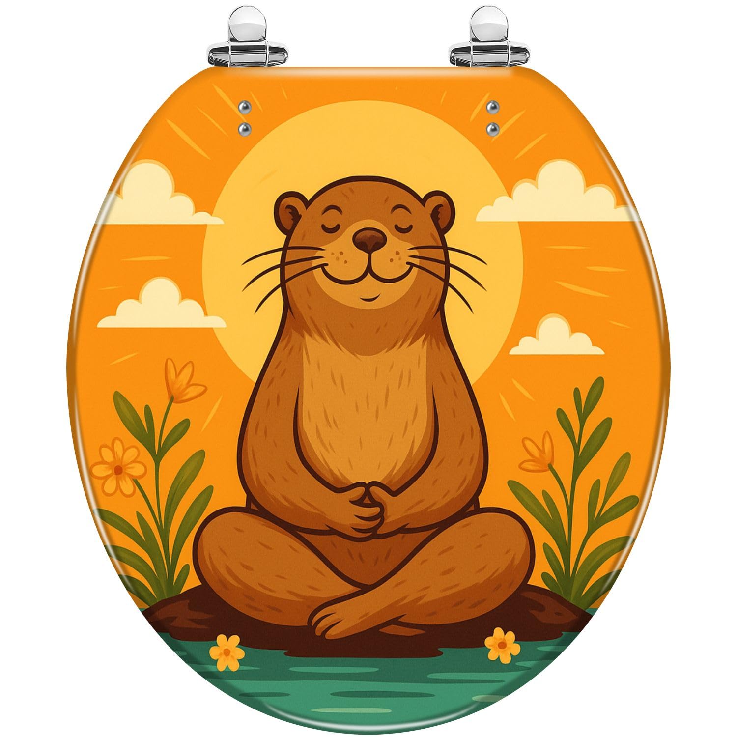 Round Toilet Seat calm capybara meditates yoga sits pebble pond dawn Bright Resin Toilet Seat Quietly Close Quick Release Hinges with Cover Bumpers Decorative Easy to Install Clean