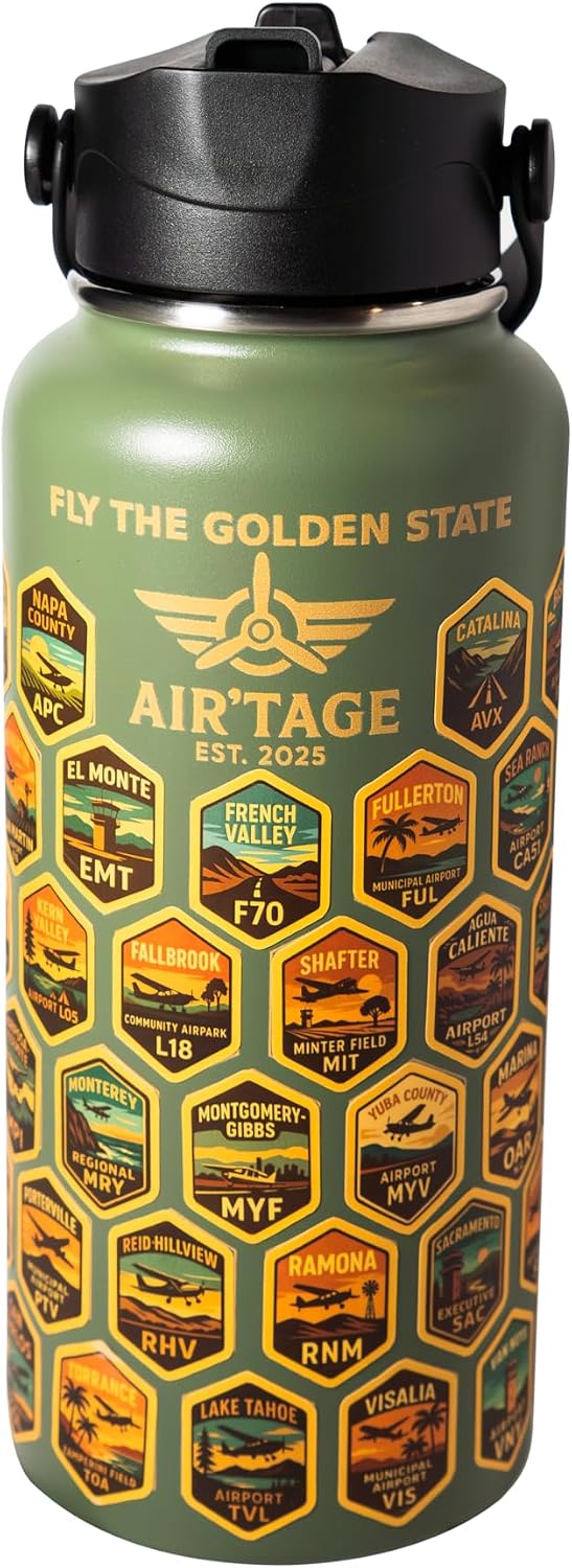 Air’tage Aviator Bottle – 32oz Stainless Steel Travel Water Bottle, Fly the Golden State™ Edition, Collectible Pilot Gift for Aviation Enthusiasts & Travelers