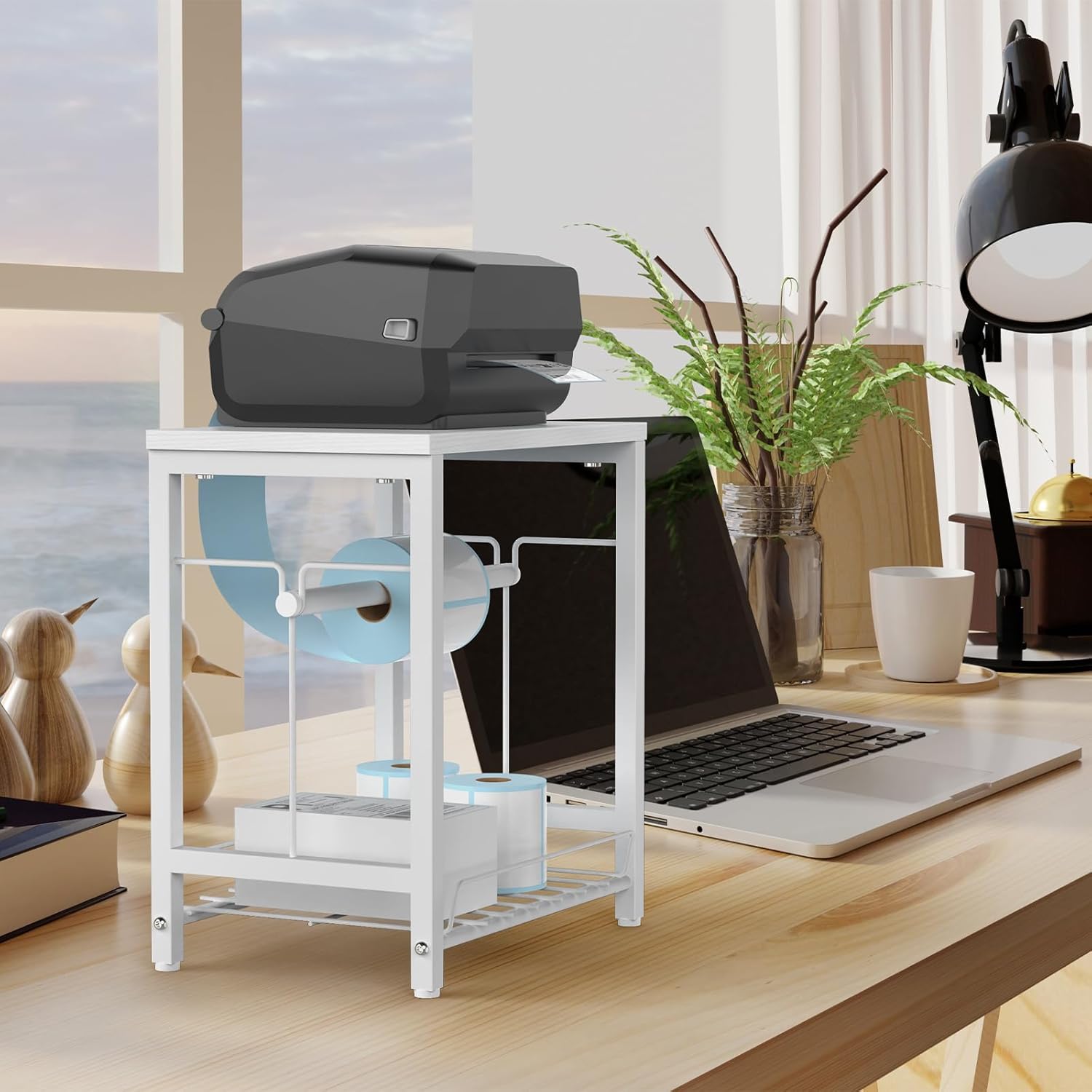 NANANARDOSO Label Holder for Thermal Printer with Basket,Wooden Label Holder for Shipping Label Printer,Sticker Roll Holder for Home, Office Small Business,White - Image 6