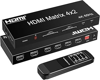 FERRISA 4x2 HDMI Matrix, 4K@60Hz 4 in 2 Out HDMI Switch Splitter with IR Remote, HDMI Matrix Switch + Optical + 3.5mm Audio Output, Support HDMI2.0, HDCP2.2, Auto Downscaler, 3D, Audio Extractor