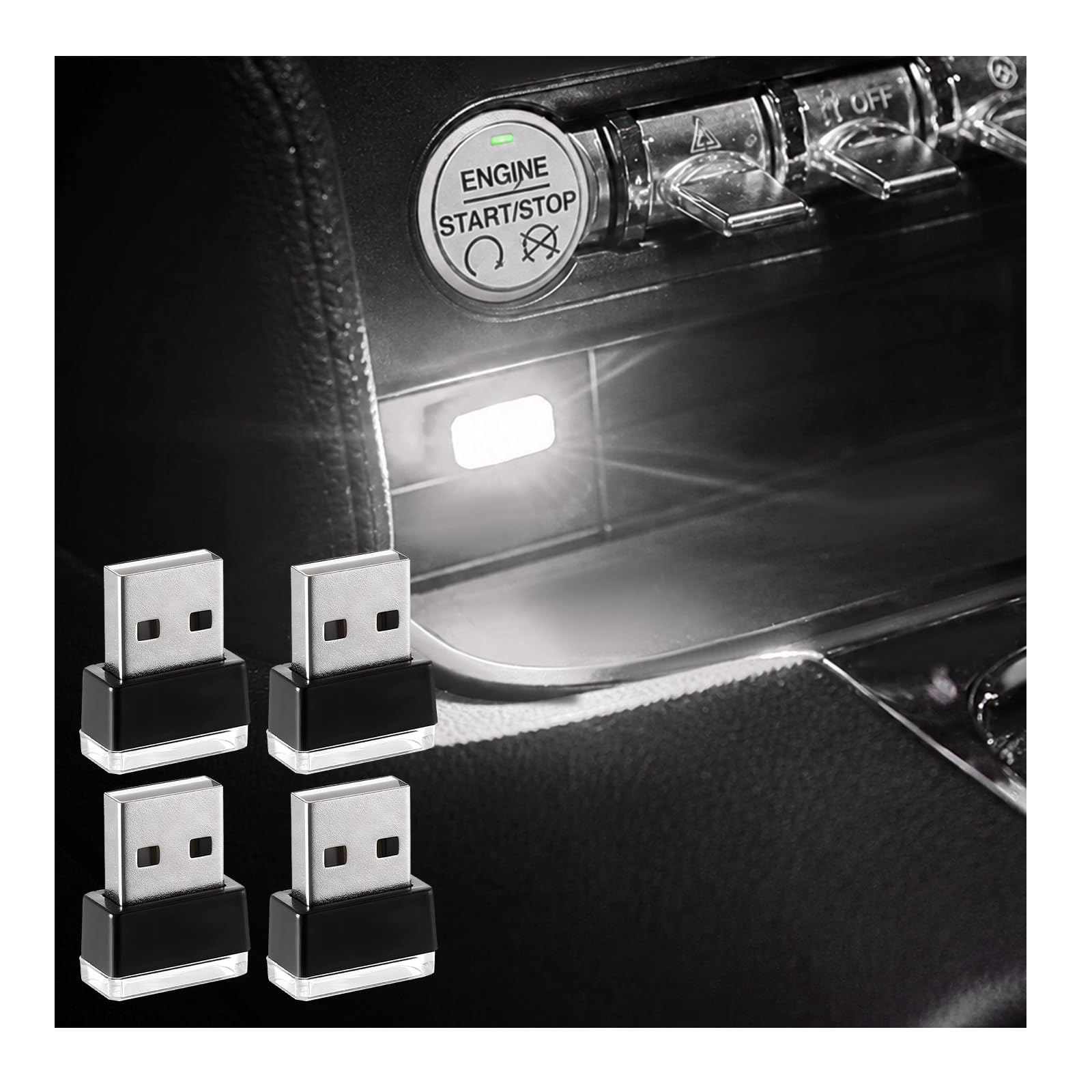 Augeny 4 PCS USB LED Car Interior Atmosphere Lamp, Plug-in USB Decor Night Light, Portable Auto Ambient Lighting Kit, Universal Vehicle Interior Accessories for Most Cars (White)
