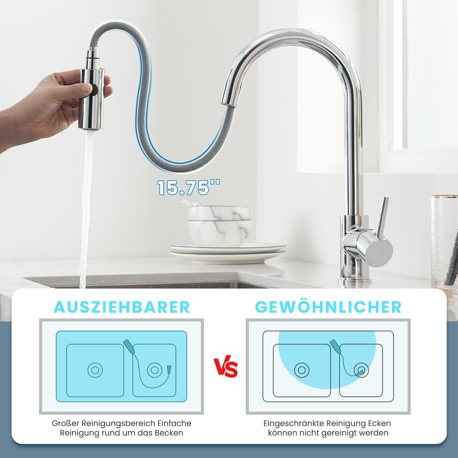 Grifo de cocina extensible de baja presión, giratorio 360°, grifo con 3 conexiones para caldera, grifo mezclador de arco alto con 2 modos de ducha, acero inoxidable
