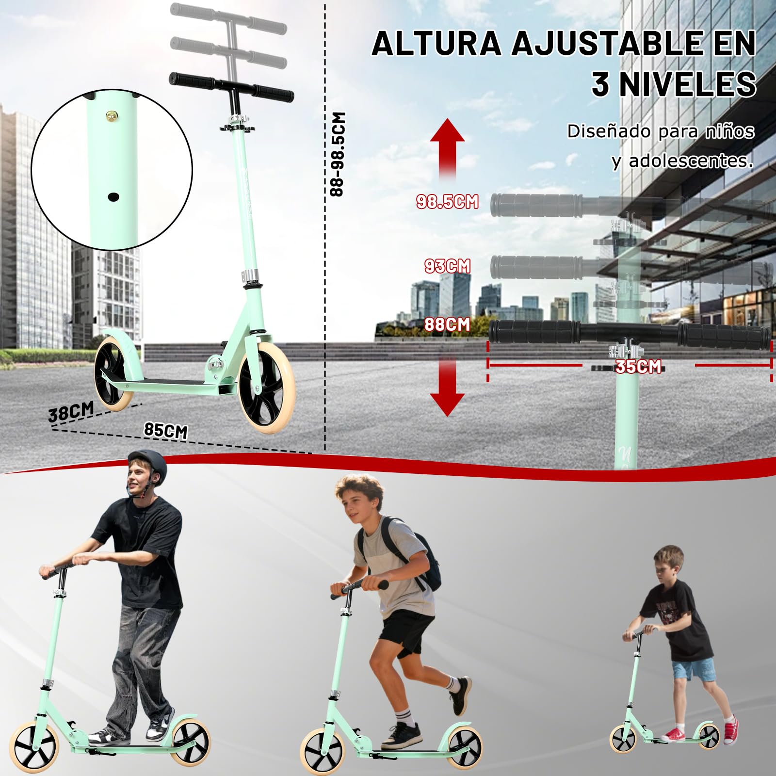 NOVONOVA Patinete Scooter Plegable, Patinetes para niños y niñas, 9-14 años con Manillar Ajustable 88-98.5cm, Patinete con 2 Ruedas Grandes 200mm y Freno Posterior, Máx. 100kg — view 2